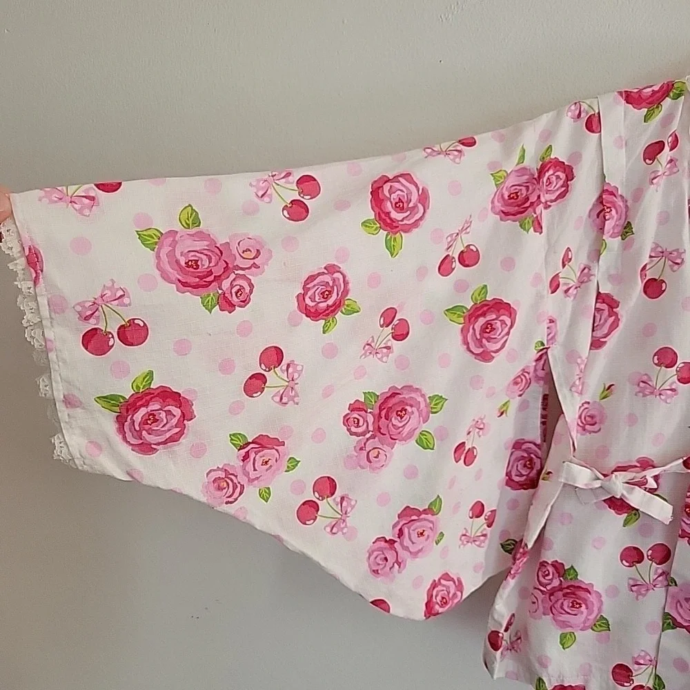 Yukata Girls 7-8 Kimono Top Rose Cherry Print Japanese‎ Botanical Retro Summer
